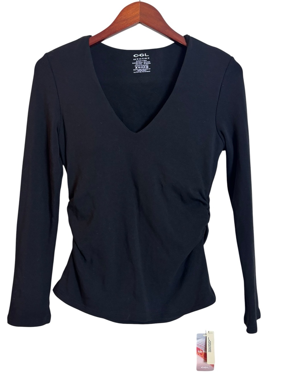 NEW OGL Eco Mousse Mid Thermal V-Neck Ruched Sides Brami Top in Black Medium NWT